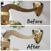 A comparison of a brass wall-mounted fixture before and after being cleaned with Autosol metal polish.