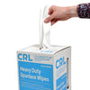 A hand pulls a single white shop towel from the top of a CRL Heavy Duty Spunlance dispenser box.