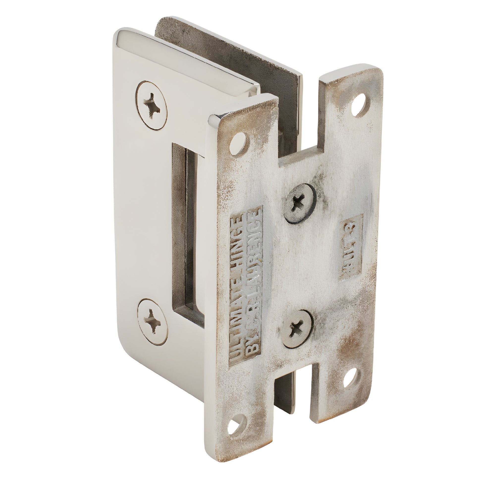 ULT037PS polished 316 stainless steel H-style shower door hinge, beveled edges, wall-mount, self-centering.