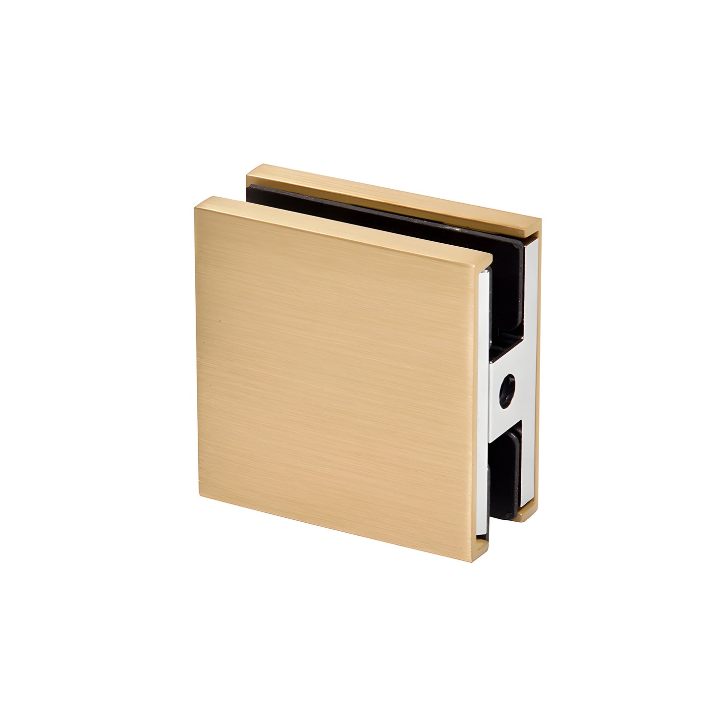 CCS4SB satin brass square clamp for 3/8-1/2 in. frameless shower glass, low-profile with concealed snap cover.