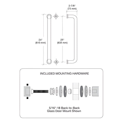 Polished stainless steel glass-mounted pull handle SKU CM24X24PS - 24in c-c, fits 3/8-3/4in tempered glass.