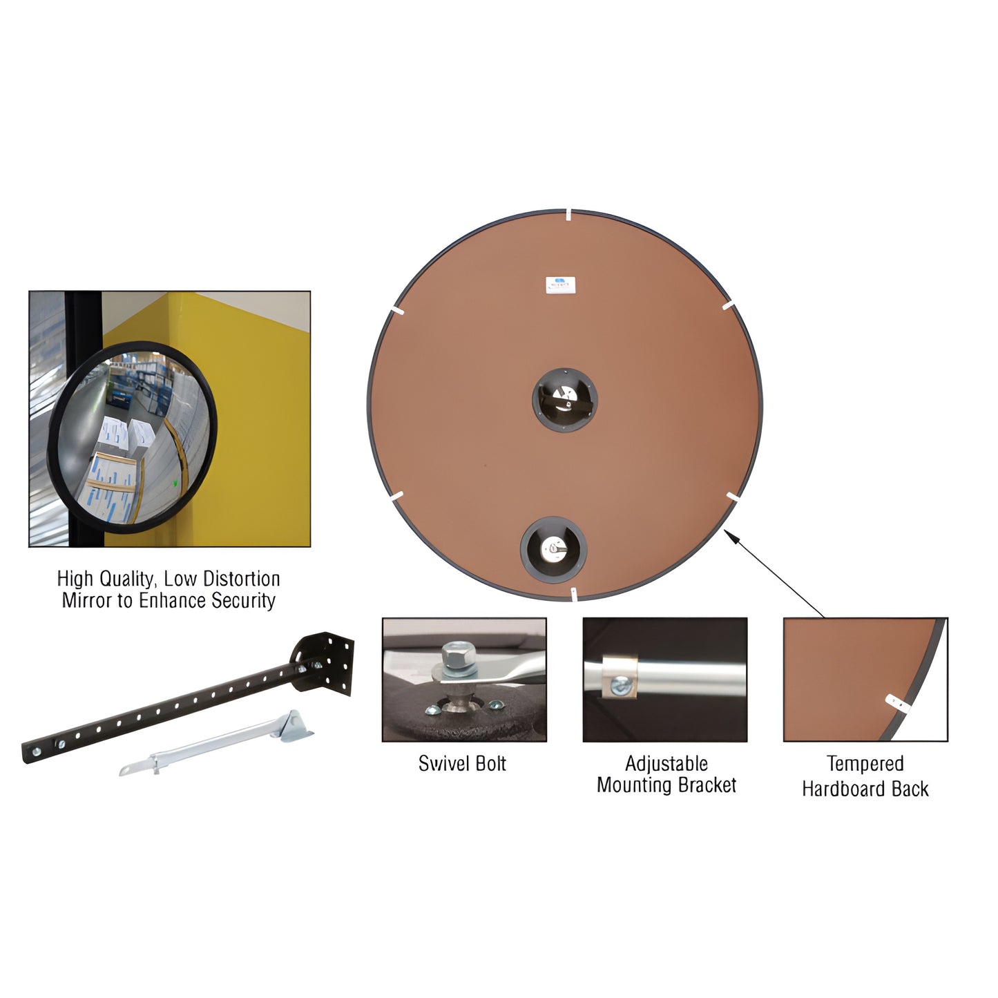 PLXR48 heavy-duty 48in plexiglas convex security mirror, 160 wide-angle, rubber frame, indoor mounting kit.