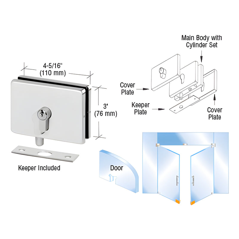 EUR680PS polished stainless steel glass-mounted patch lock with keeper, 3 in. high, keyed cylinder for frameless doors