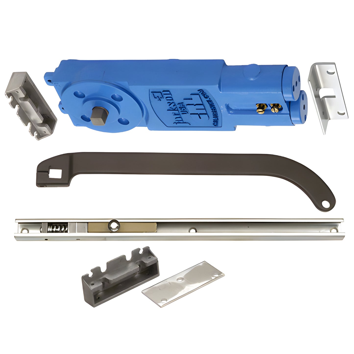 CRL Jackson 21201S31317 overhead concealed door closer kit, blue closer body, dark bronze offset arm, aluminum slide channel