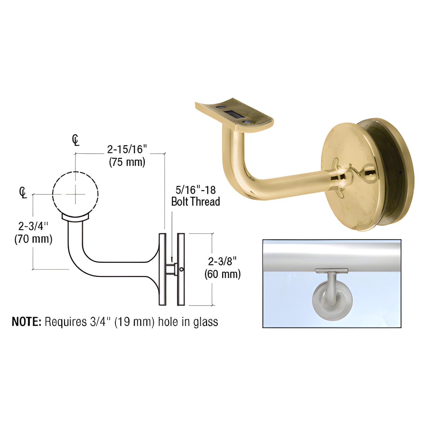 CRL HR20GPB polished brass glass-mounted handrail bracket, fits 1.9-2" rail, 2-15/16" projection, requires 3/4" (19mm) glass
