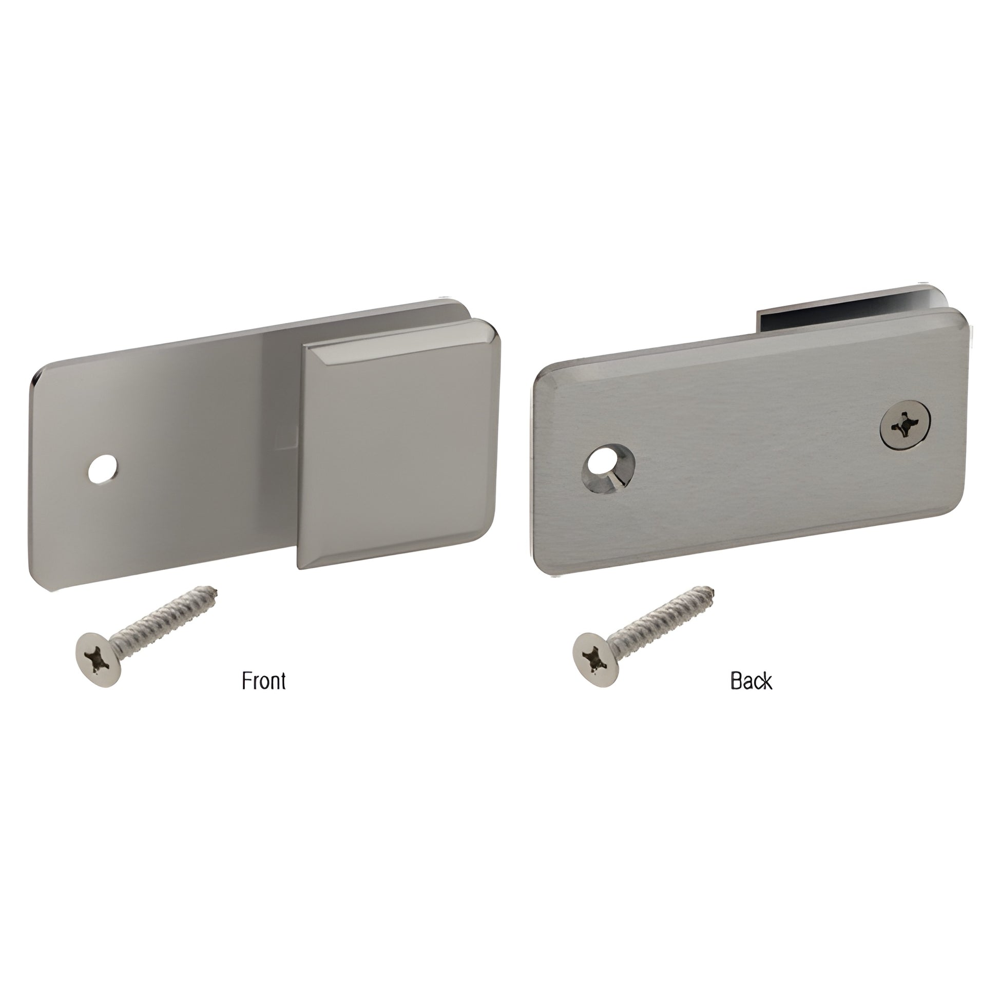 BGC182BN brushed nickel brass Y-clamp for frameless shower glass (front and back shown) with mounting screws.