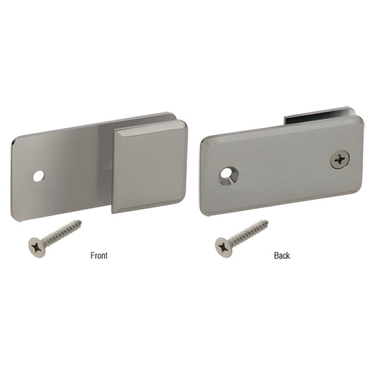 BGC182BN brushed nickel brass Y-clamp for frameless shower glass (front and back shown) with mounting screws.