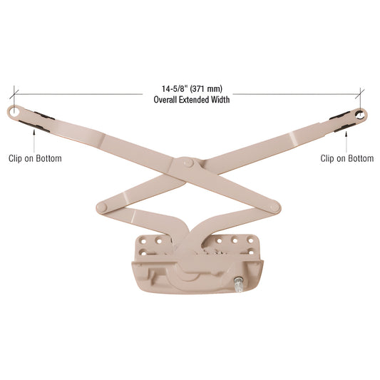 Truth Encore awning operator EP27007, beige scissor arms and base, 14-5/8" overall extended width, clip-on ends