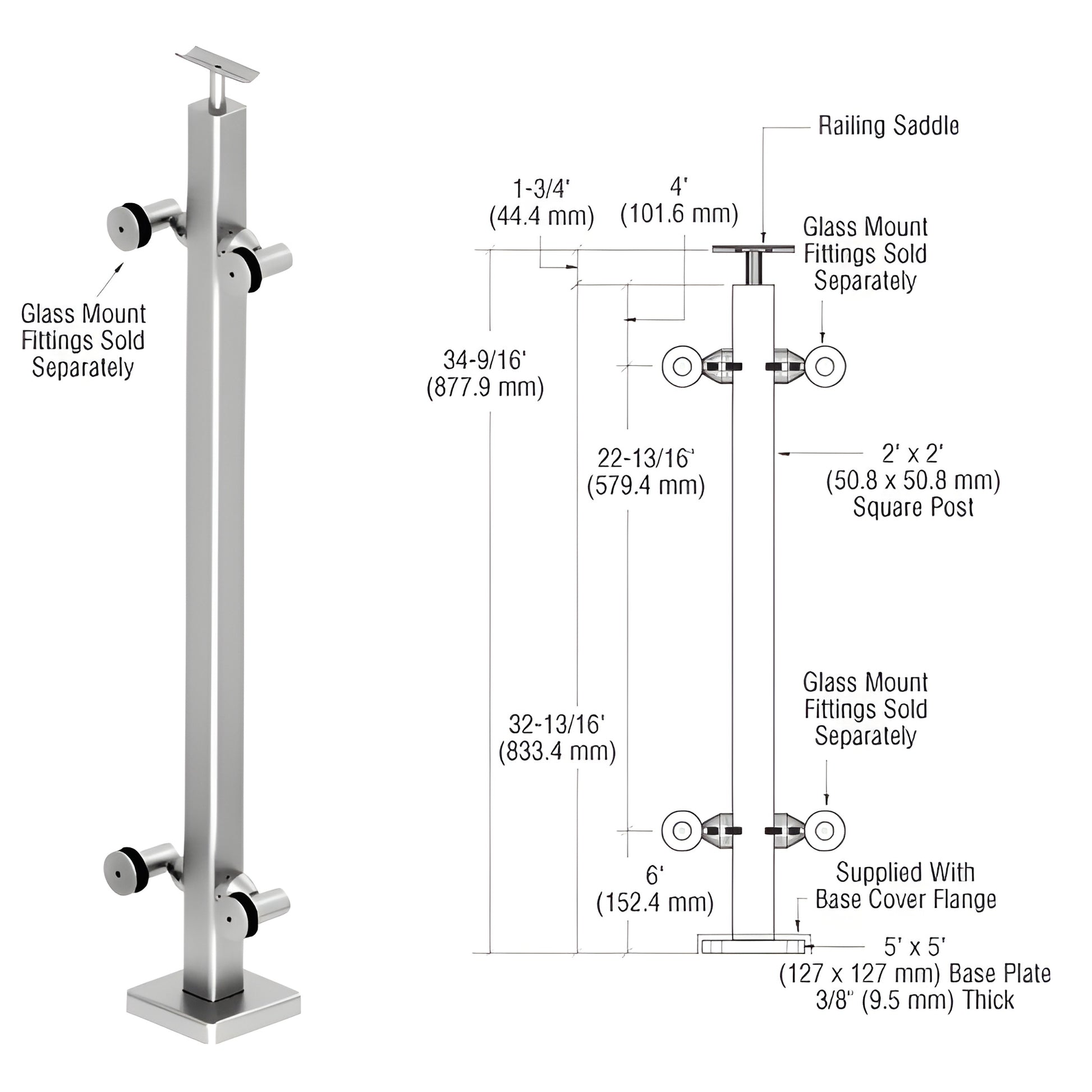 P136CPSC CRL 316 stainless steel 36in surface-mounted square post railing kit with base plate, top saddle (for 12-25mm glass)