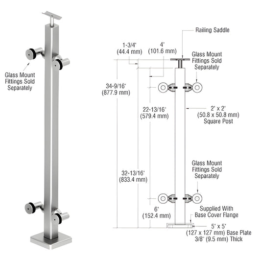 P136CPSC CRL 316 stainless steel 36in surface-mounted square post railing kit with base plate, top saddle (for 12-25mm glass)