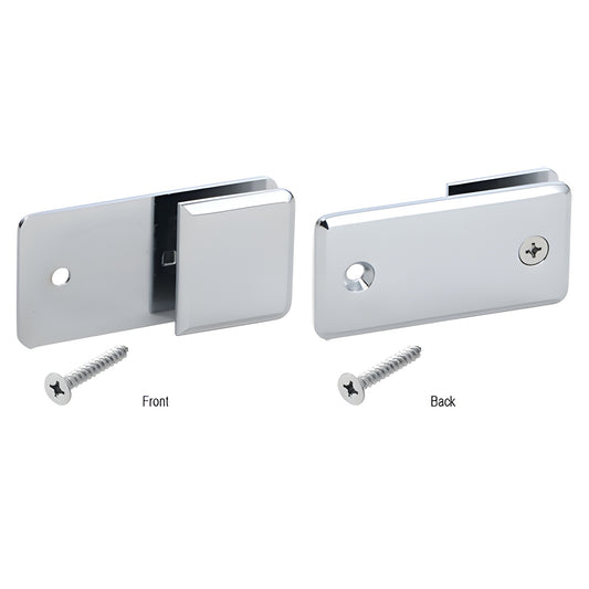 Polished chrome Y-clamp (SKU BGC182CH) for 3/8-1/2" frameless shower glass, solid brass, front/back views with mounting screw