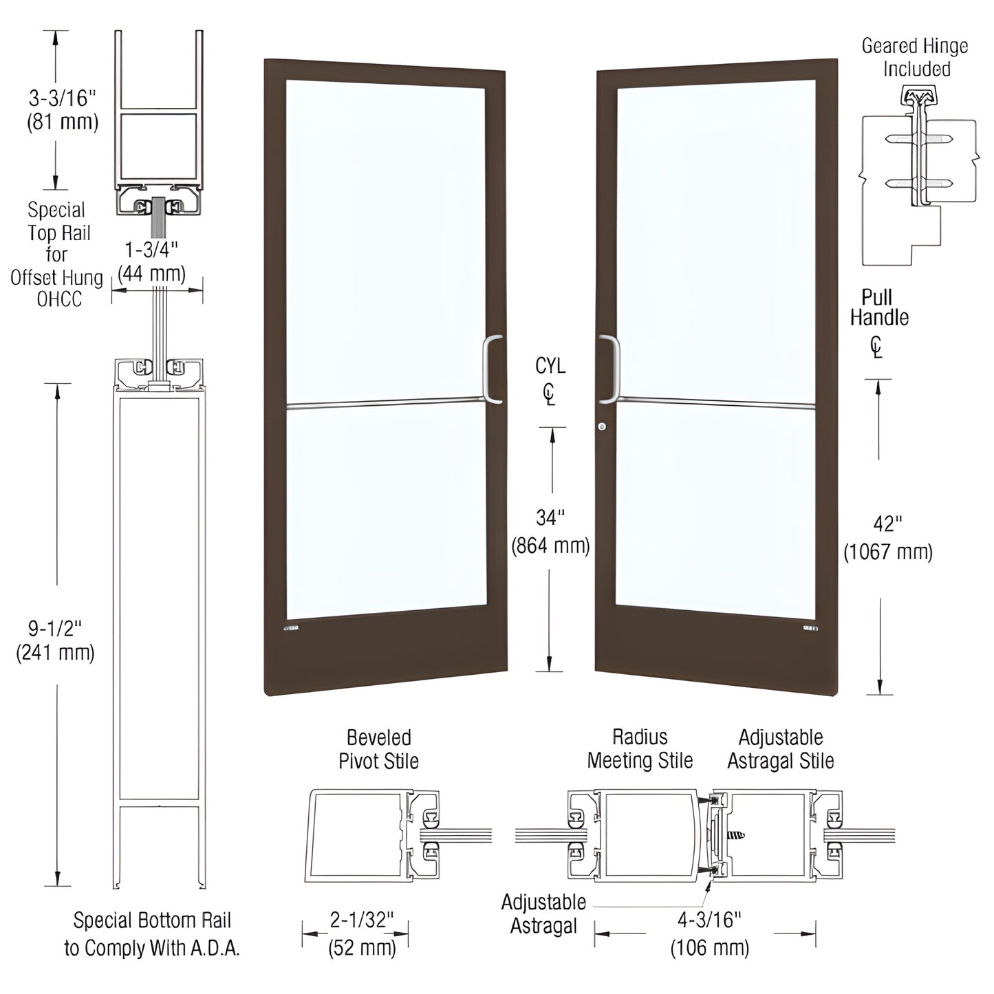 DE22922 Black bronze anodized narrow stile commercial entrance door with 9-1/2" ADA bottom rail, glass-ready.