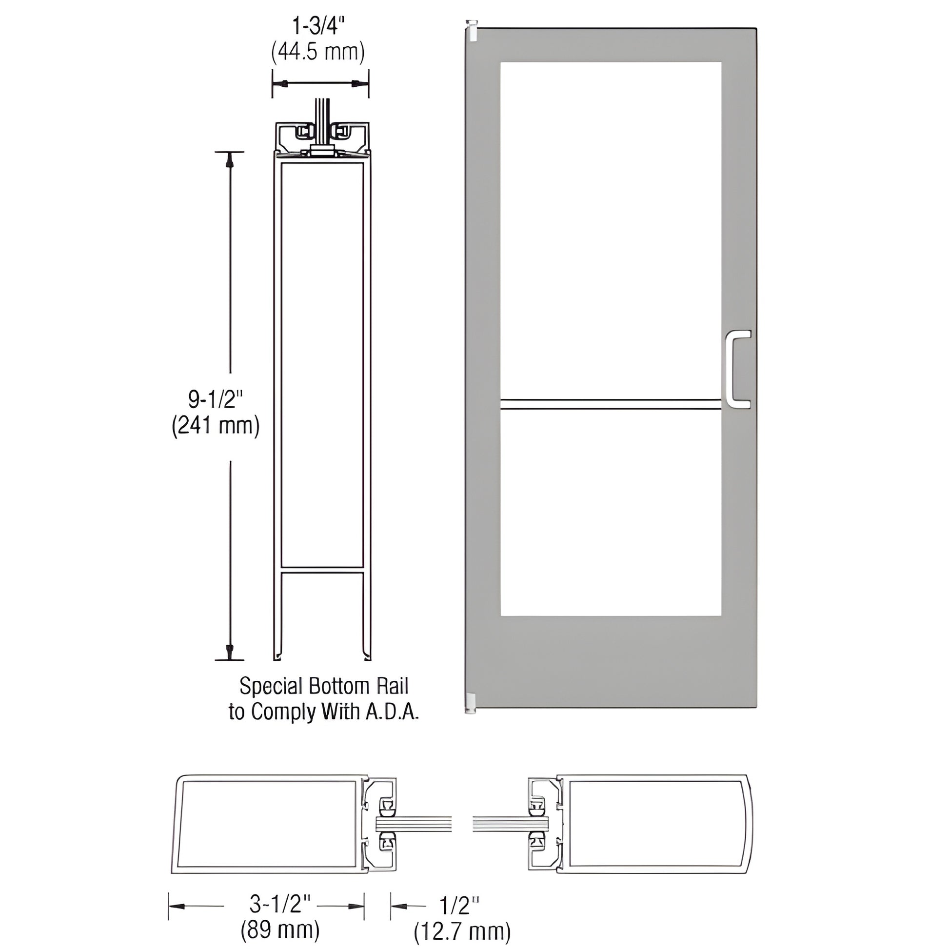 Clear anodized commercial entrance door SKU DE42211R136 - 3-1/2" stiles, ADA 9-1/2" bottom rail, tempered glass opening.