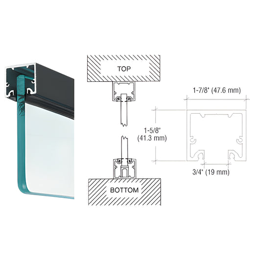 NH2BLCL black bronze narrow header/U-channel for 3/8" (10mm) glass, 1-5/8" H 1-7/8" W, sample photo and diagram