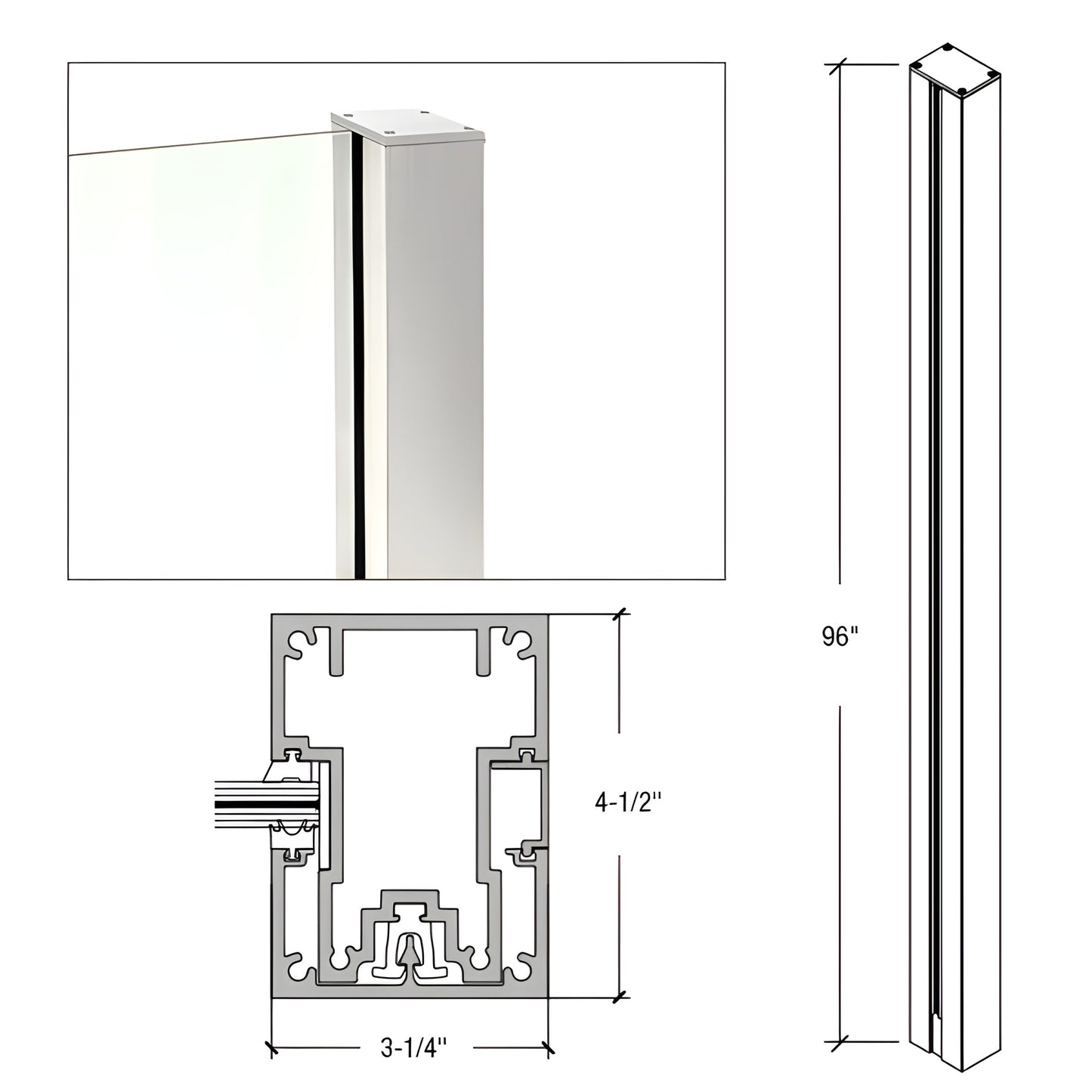 Cielo aluminum post (SKU C96EKS), silver, glass-ready; cross-section and dims: 96 in H, 4.5 in depth, 3.25 in face
