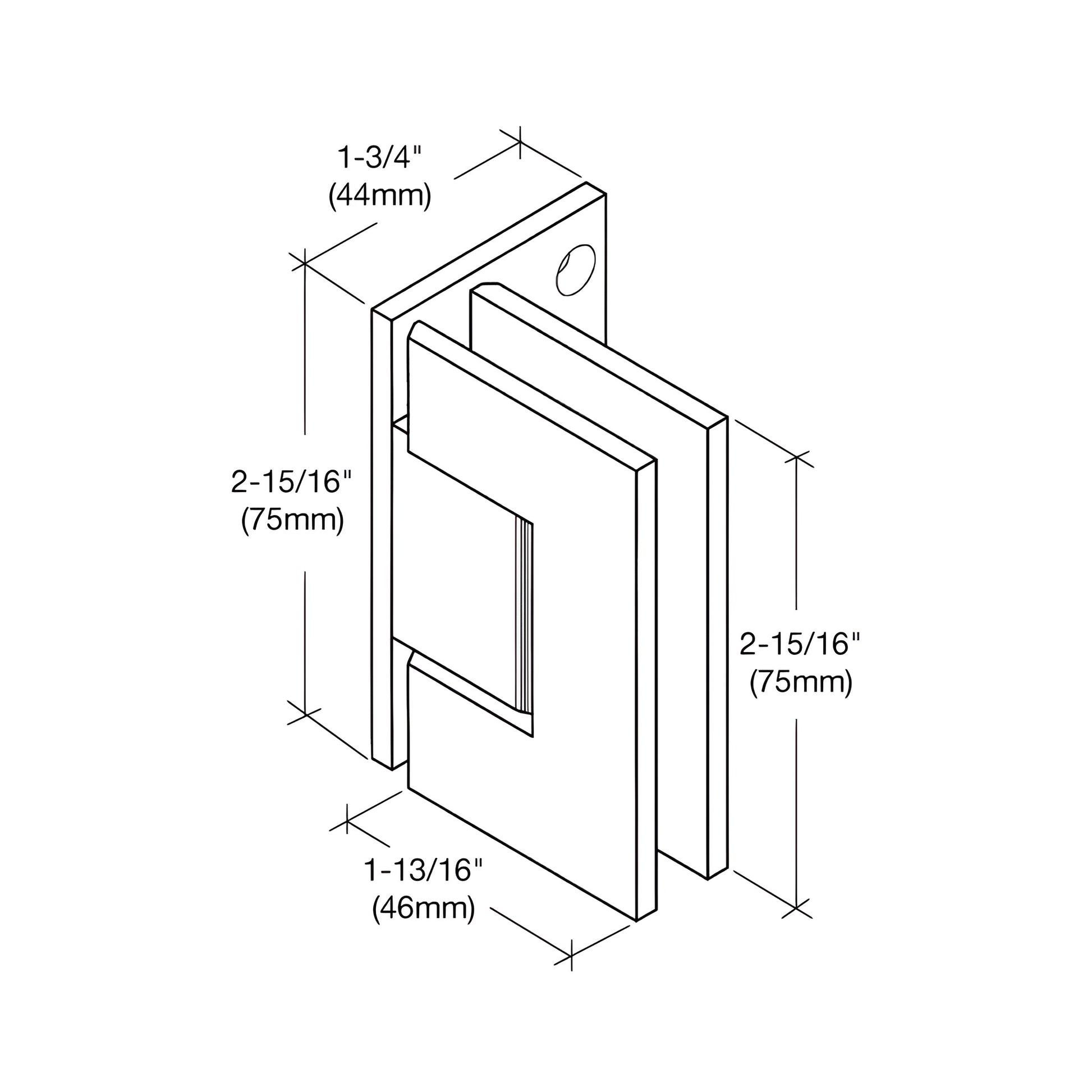 Polished chrome solid brass Junior Geneva shower hinge (JRG044CH), wall mount offset for 6-8mm tempered glass.