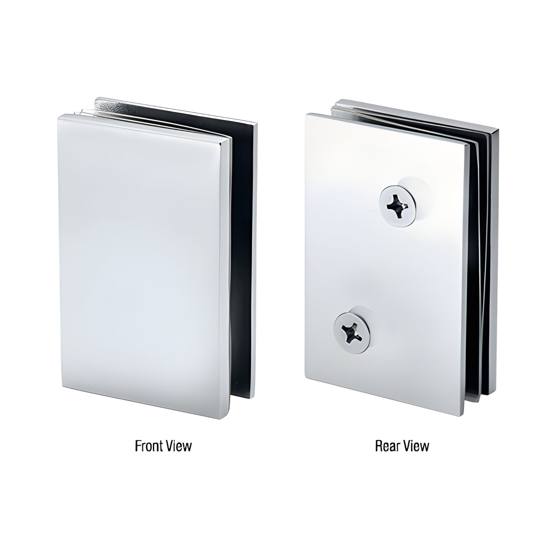 Brushed stainless steel 90 glass connector, front and rear views - CAM90BS