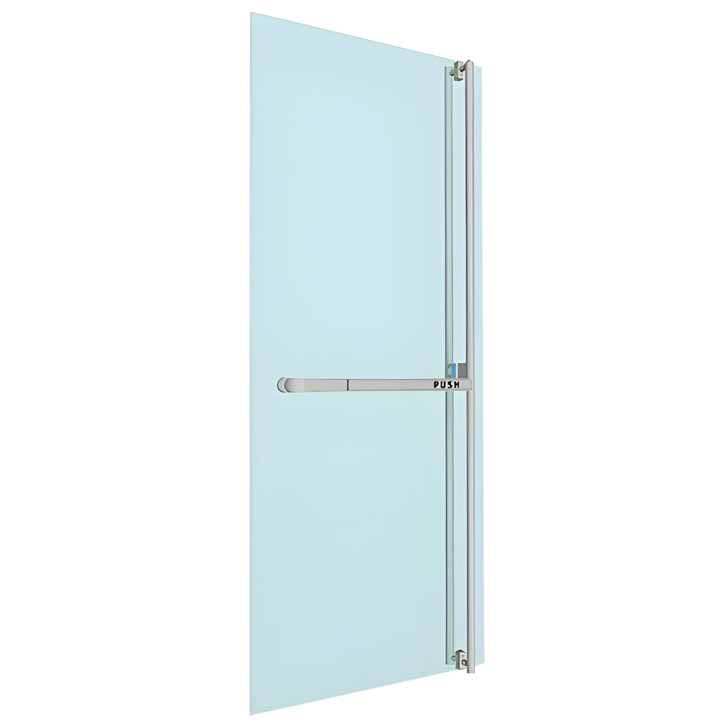 PA300F3GKBS: brushed stainless steel ultra-narrow panic bar and ladder-pull handle mounted on glass door, right-hand reverse.