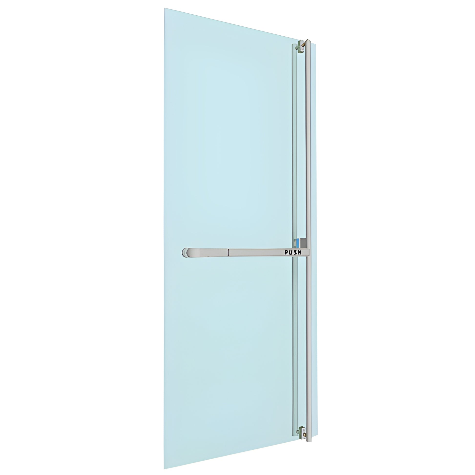 PA300F3GKBS: brushed stainless steel ultra-narrow panic bar and ladder-pull handle mounted on glass door, right-hand reverse.