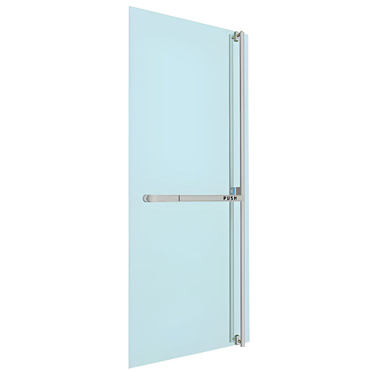 PA300F3GKBS: brushed stainless steel ultra-narrow panic bar and ladder-pull handle mounted on glass door, right-hand reverse.