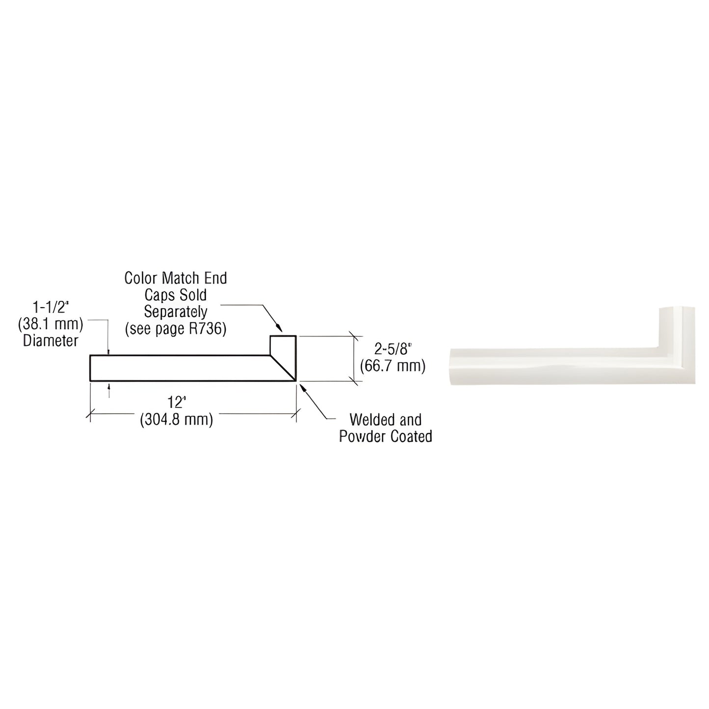 ARWR1W sky-white aluminum 90 handrail wall return, fits 11 2 tubing, 12 long side, powder-coated finish.