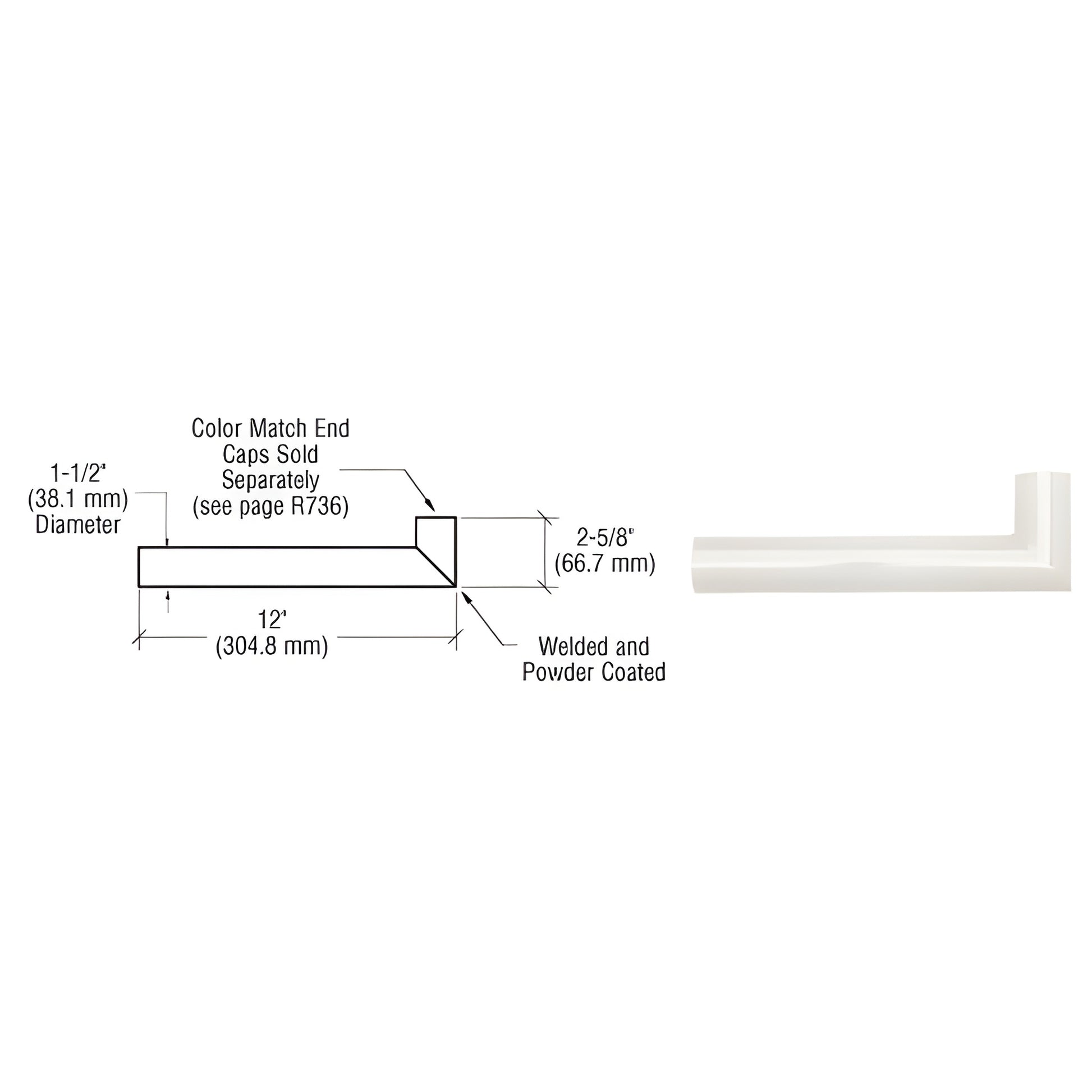 ARWR1W sky-white aluminum 90 handrail wall return, fits 11 2 tubing, 12 long side, powder-coated finish.