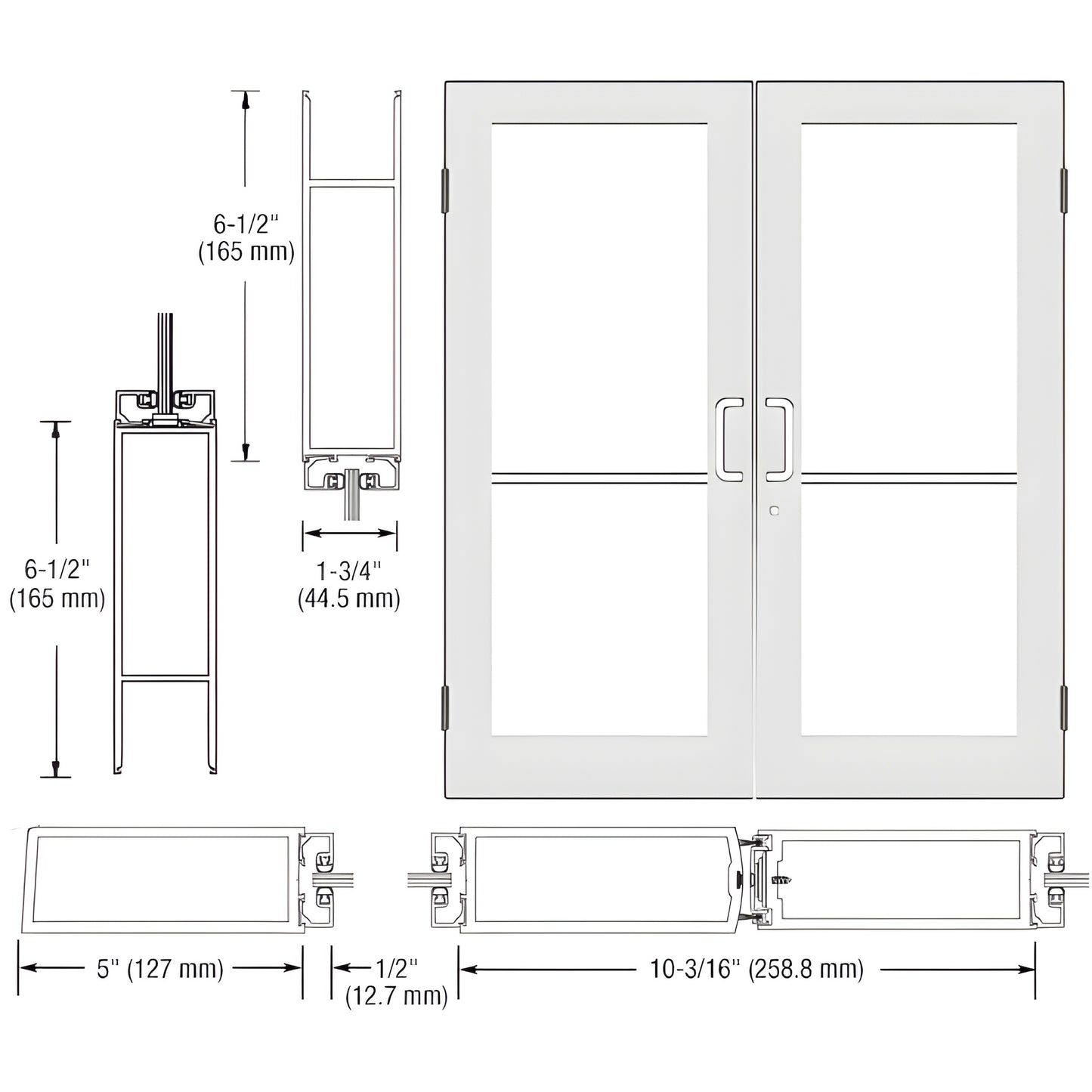 DC52452 - white Kynar custom wide-stile commercial double entrance door drawing, 5" stiles, 6-1/2" bottom rail, glass panels
