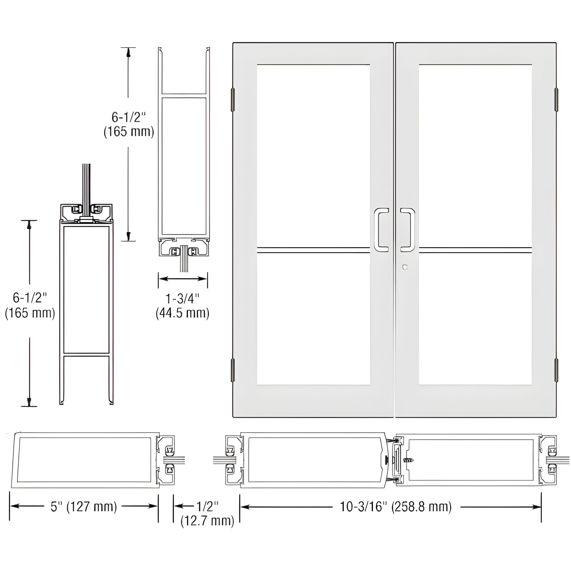 DC52452 - white Kynar custom wide-stile commercial double entrance door drawing, 5" stiles, 6-1/2" bottom rail, glass panels