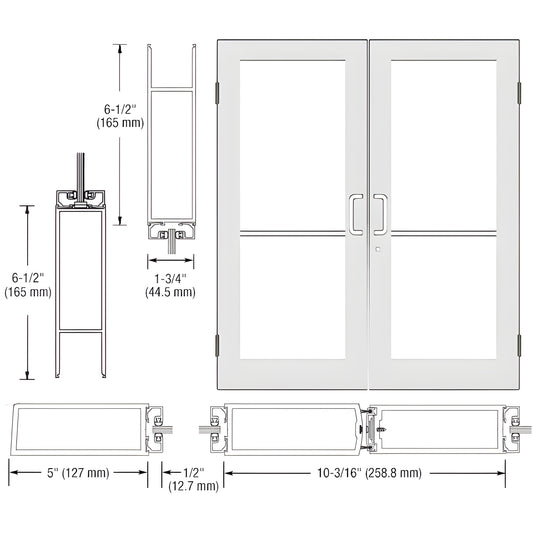 DC52452 - white Kynar custom wide-stile commercial double entrance door drawing, 5" stiles, 6-1/2" bottom rail, glass panels