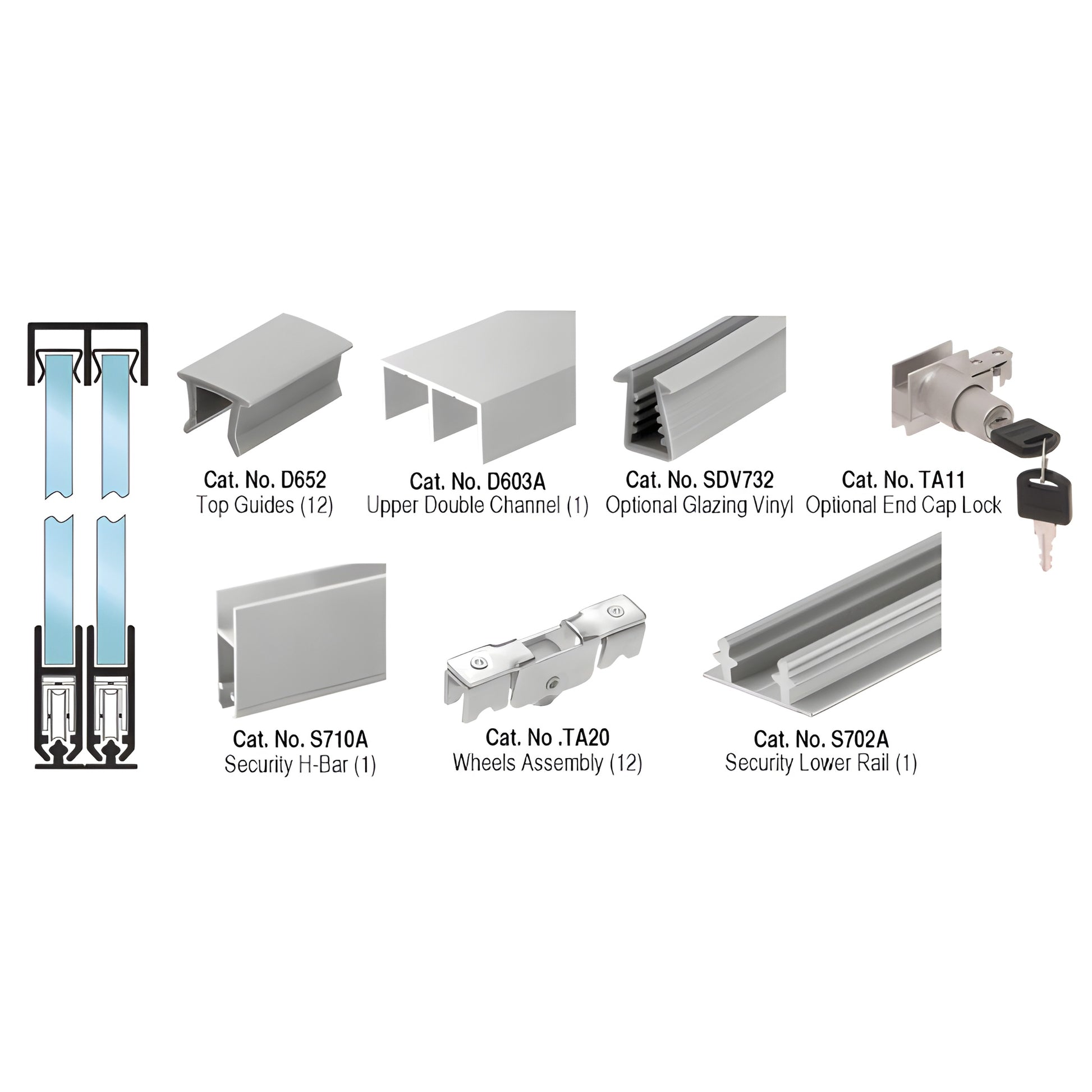 S700A security anti-lift rolling track kit - 12' satin-anodized extrusions with rails, H-bar, wheels, guides, lock