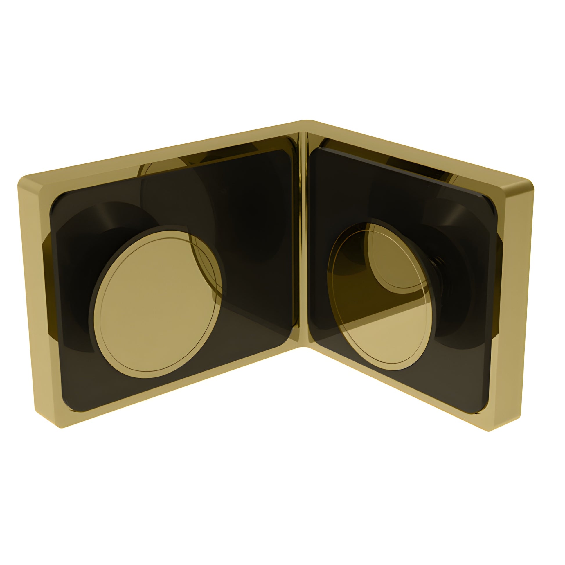 Satin brass LU090SB Lugano glass-to-glass corner clamp for 8-10mm shower glass, compact V-shaped design