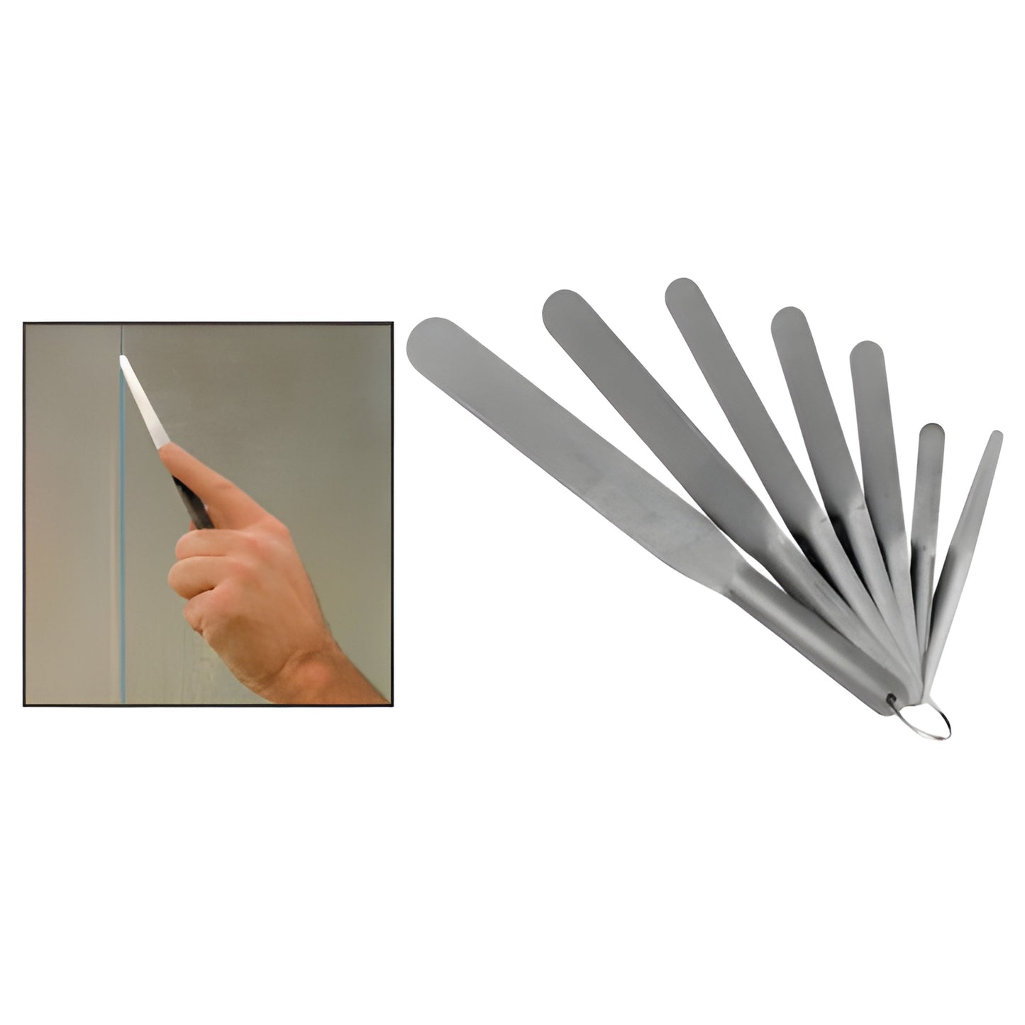 AB958G stainless steel flexible spatula set on ring, seven blades fanned; inset hand smoothing sealant on glass.