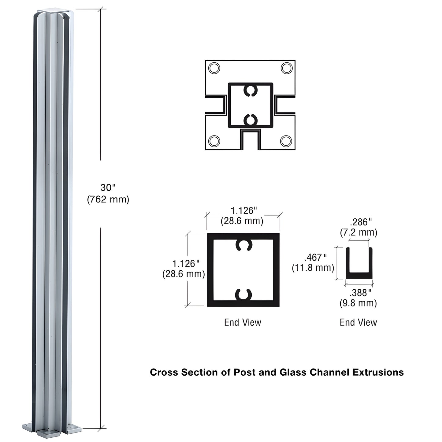 CRL Design Series 3-way satin anodized aluminum partition post (SKU D990A303W) with U-channels for 1/4" tempered glass