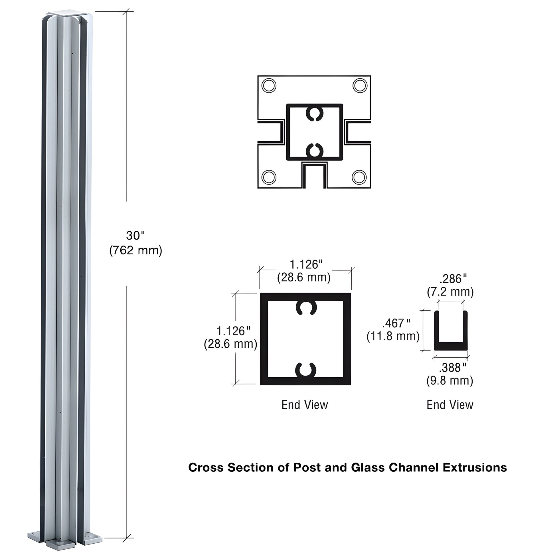 CRL Design Series 3-way satin anodized aluminum partition post (SKU D990A303W) with U-channels for 1/4" tempered glass