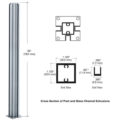 CRL Design Series 3-way satin anodized aluminum partition post (SKU D990A303W) with U-channels for 1/4" tempered glass