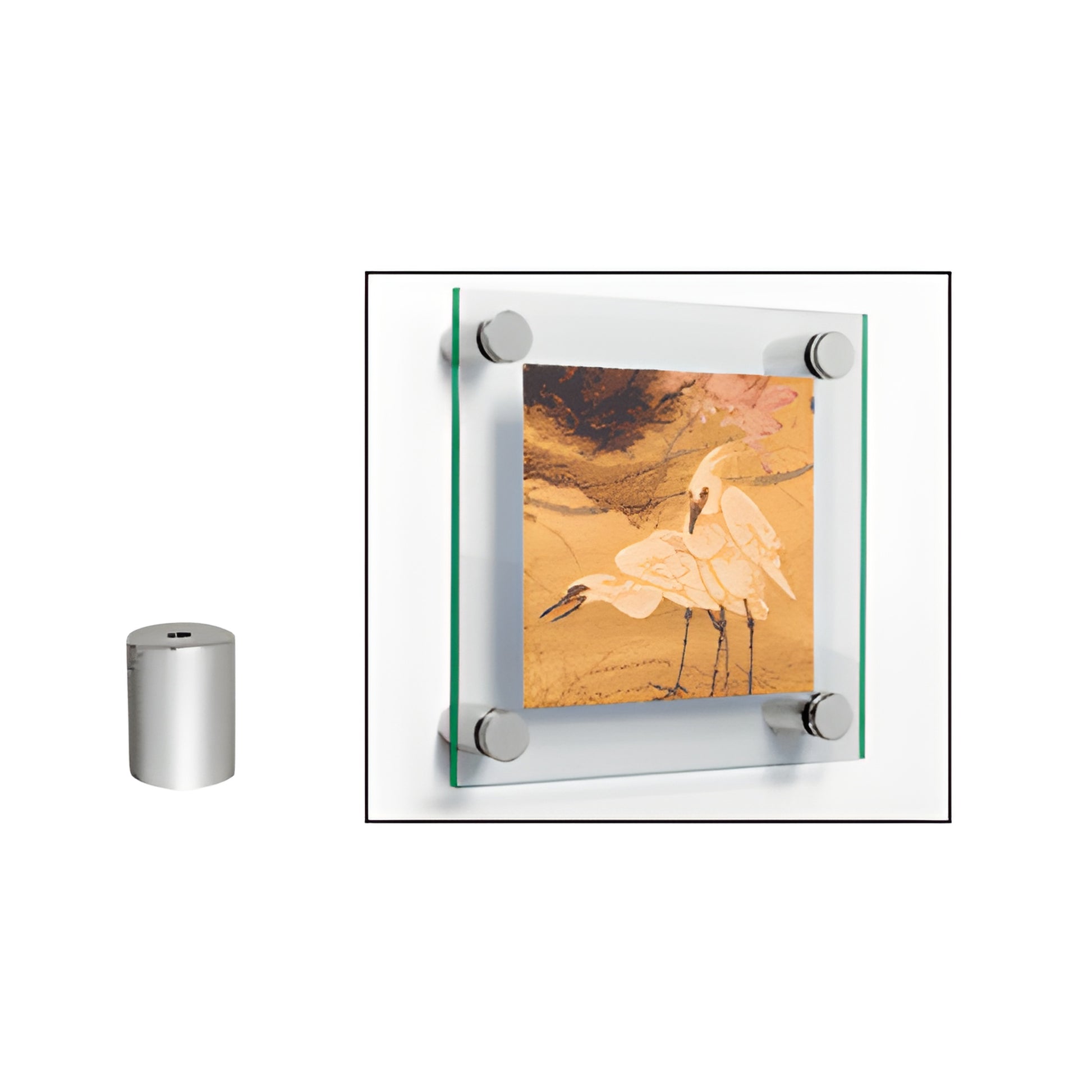 1/2 in brushed stainless standoff assembly (SKU S0B121BS) mounting a glass sign, with a separate base piece shown.