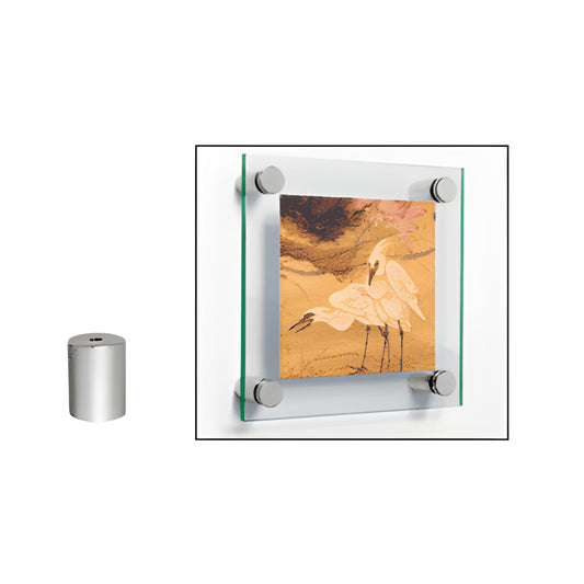 1/2 in brushed stainless standoff assembly (SKU S0B121BS) mounting a glass sign, with a separate base piece shown.