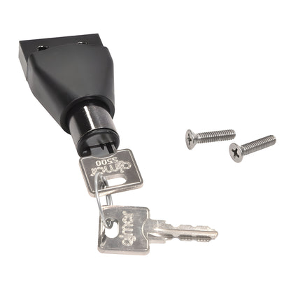 Black keyed retrofit lock assembly (DWKEYL0CK) with two silver keys on ring and two mounting screws.