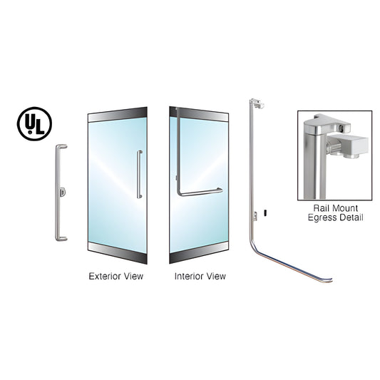 EG100X4RKBS brushed stainless tubular electronic egress rail-mount handle for 1/2 or 3/4 in glass doors, ADA compliant