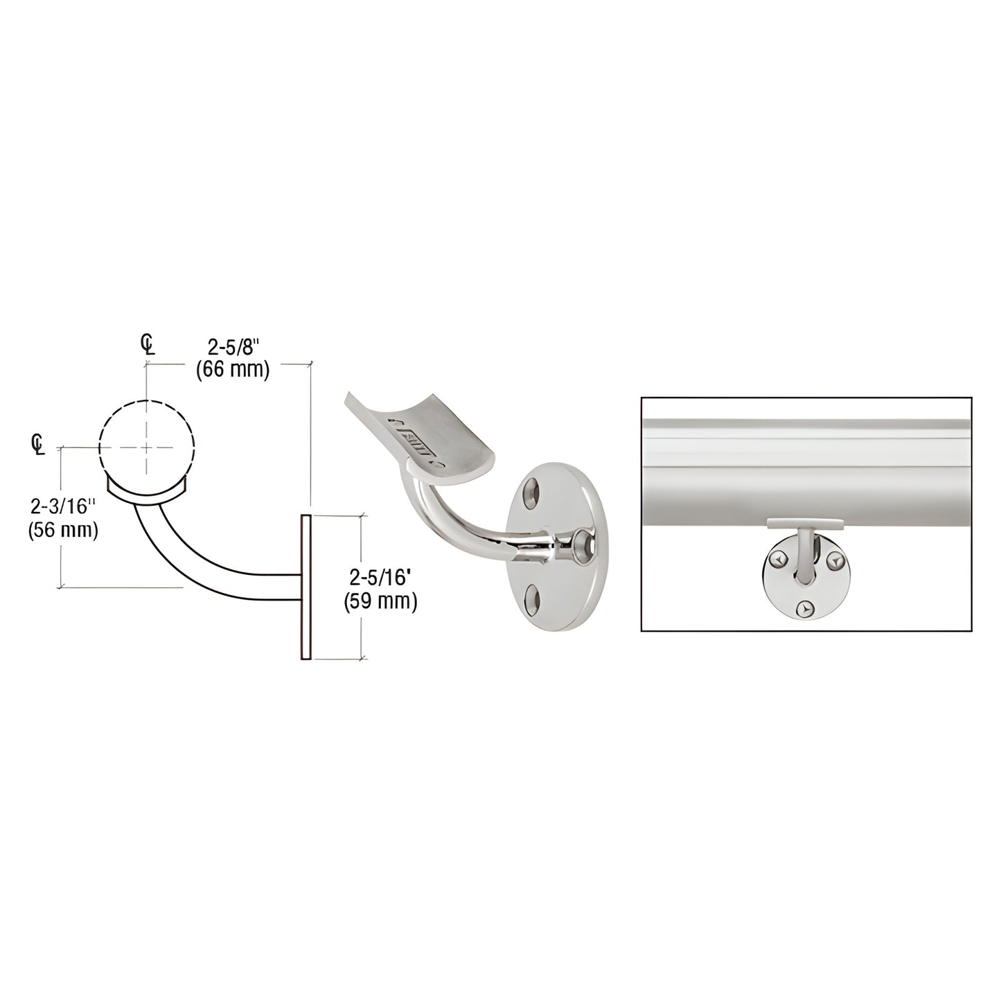 Polished stainless wall-mounted long-arm handrail bracket HR15B3PS, fits 1.5-2 in tubing, 2-5/8 in projection.