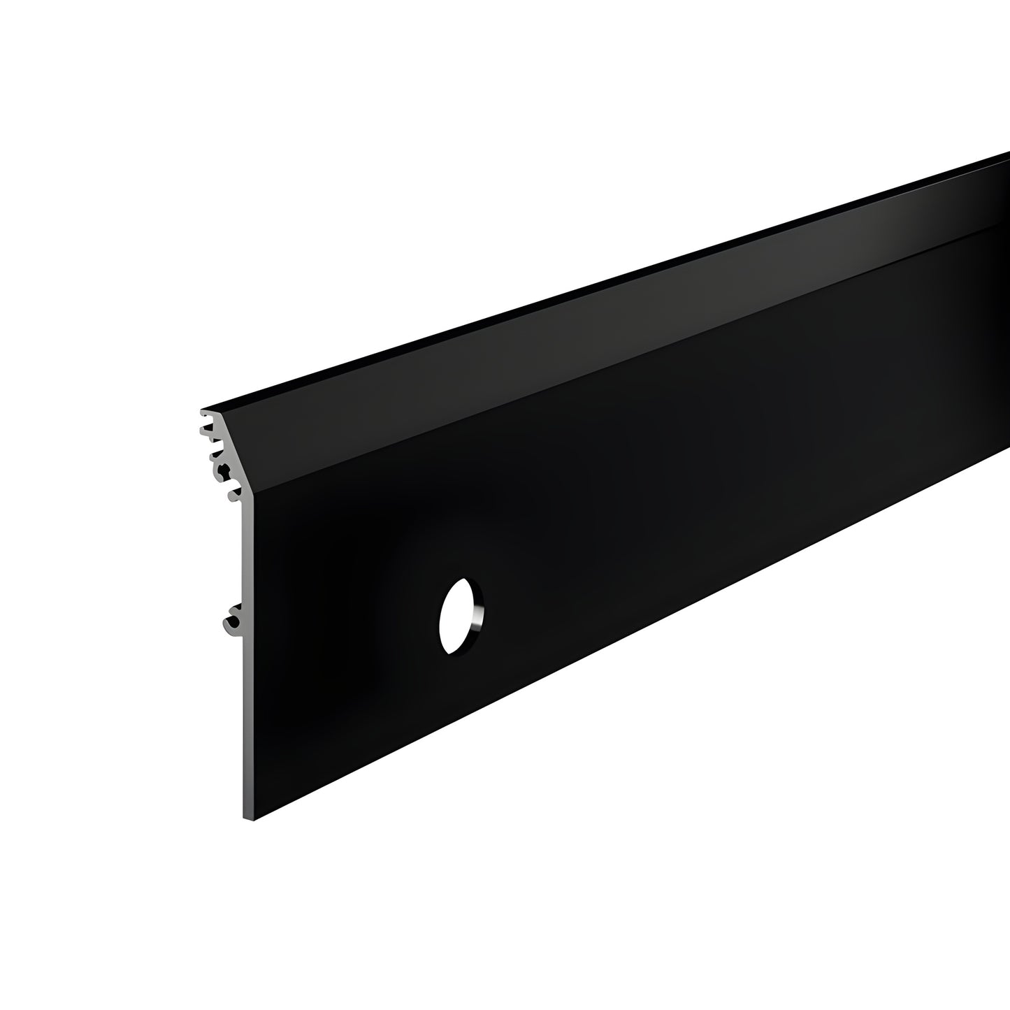 Gloss black 4 in tapered aluminum door rail side cover DRXSC4TBLL, prepped for lock cylinder, 110 in length