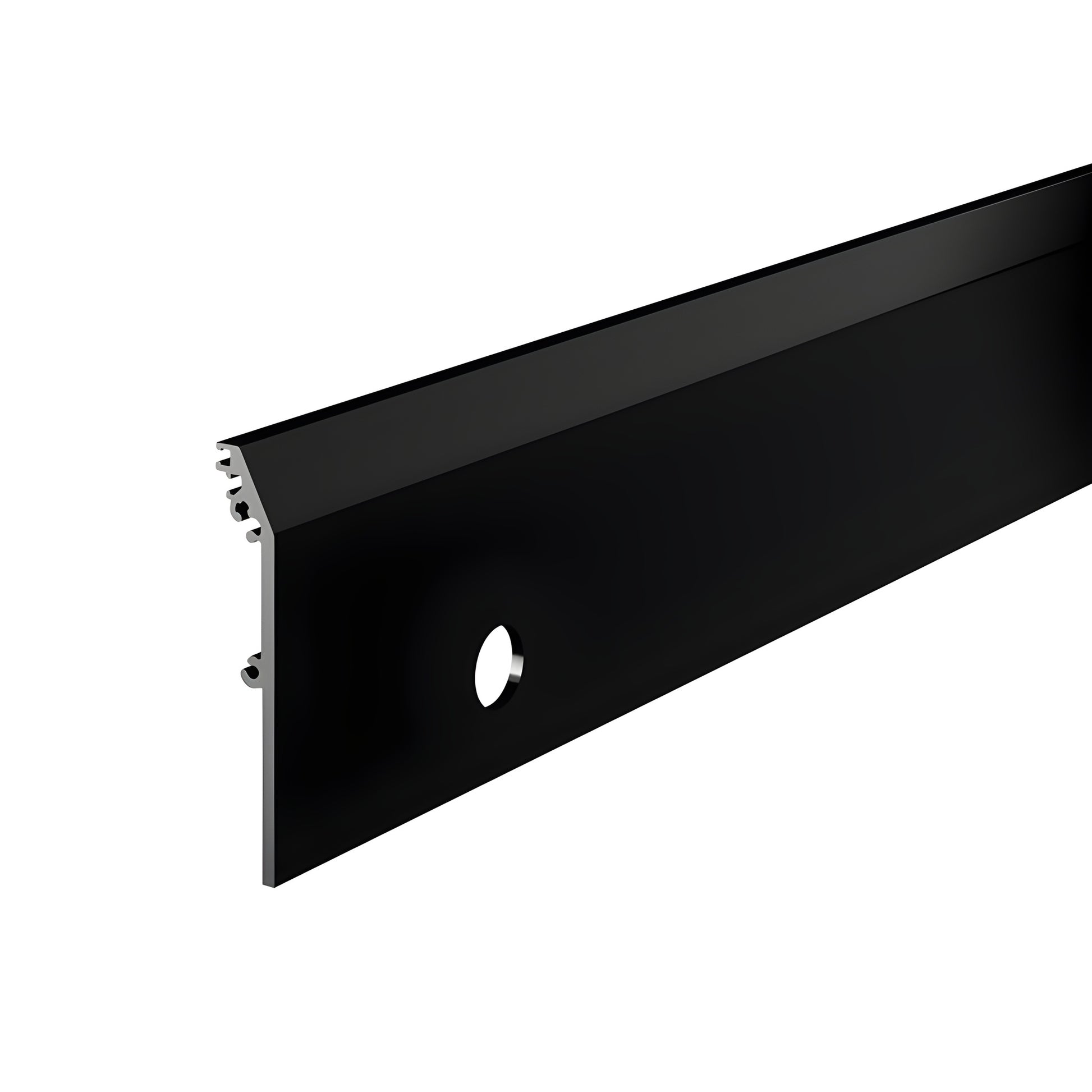 Gloss black 4 in tapered aluminum door rail side cover DRXSC4TBLL, prepped for lock cylinder, 110 in length