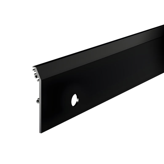 Gloss black 4 in tapered aluminum door rail side cover DRXSC4TBLL, prepped for lock cylinder, 110 in length