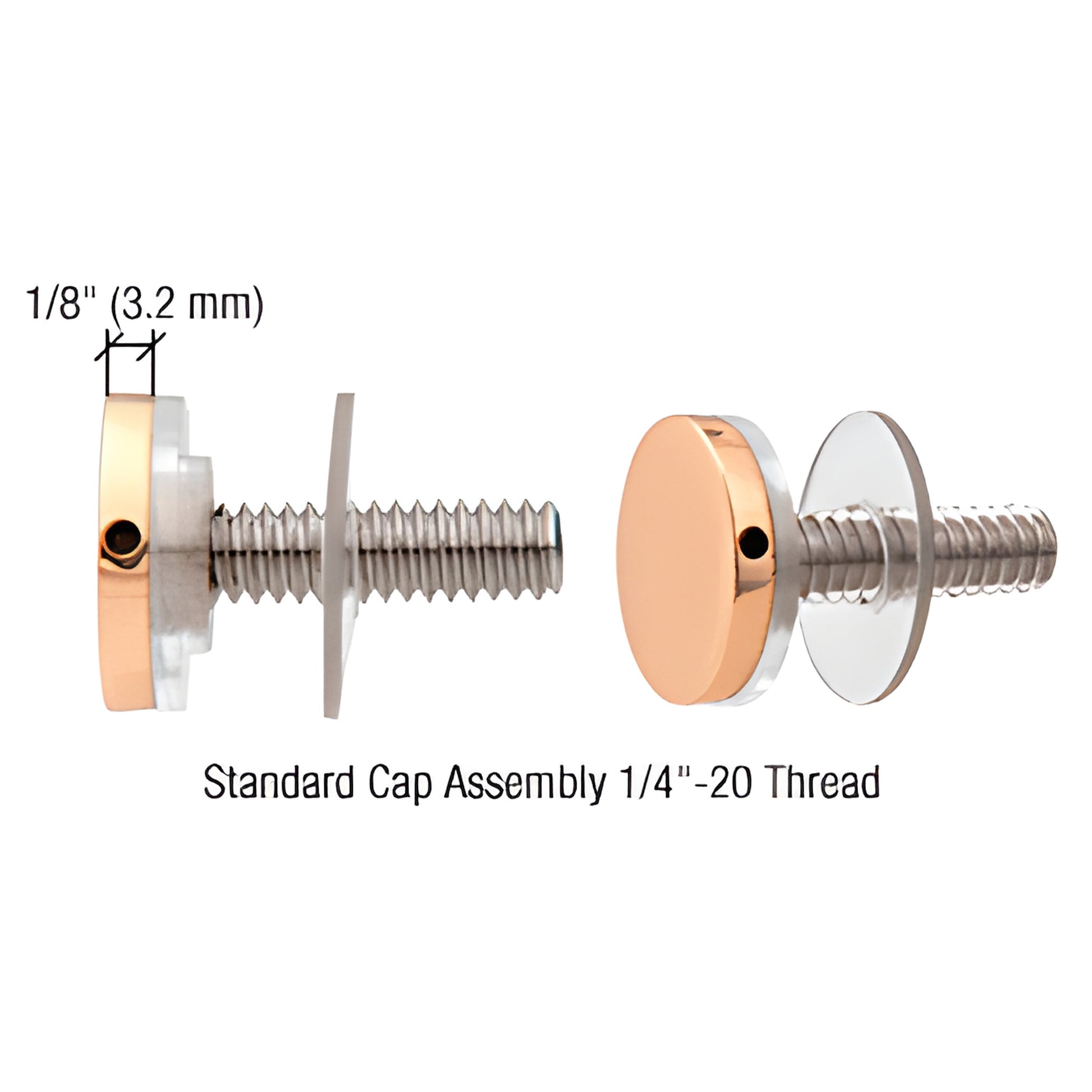 CAP34BR polished brass 3/4" standoff cap assembly with 1/4-20 threaded stud, washer and 1" screw