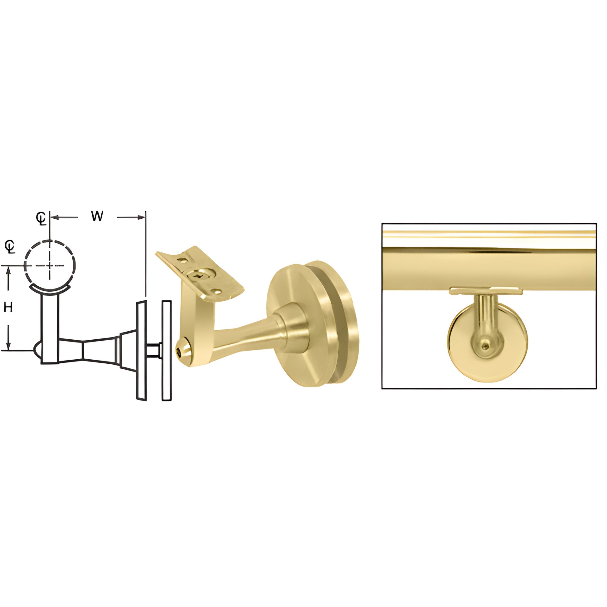Polished brass glass-mounted 2-way adjustable handrail bracket for 1.5-2 tubing (SKU HR2SGPB), 3/4 glass hole.