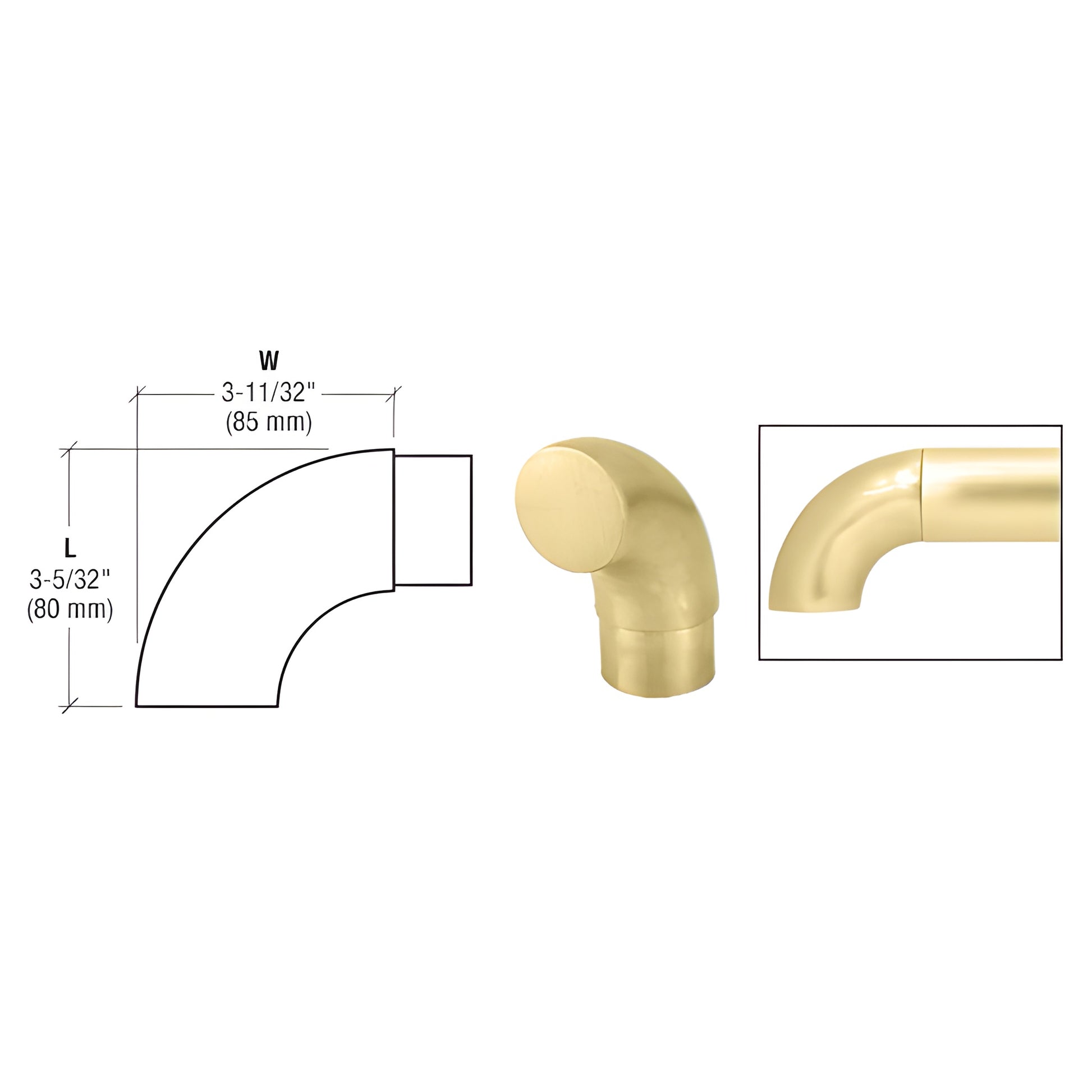 Satin brass dome end cap HR20RSB for 2" handrail tubing, 3-11/32" x 3-5/32" (85 x 80 mm).