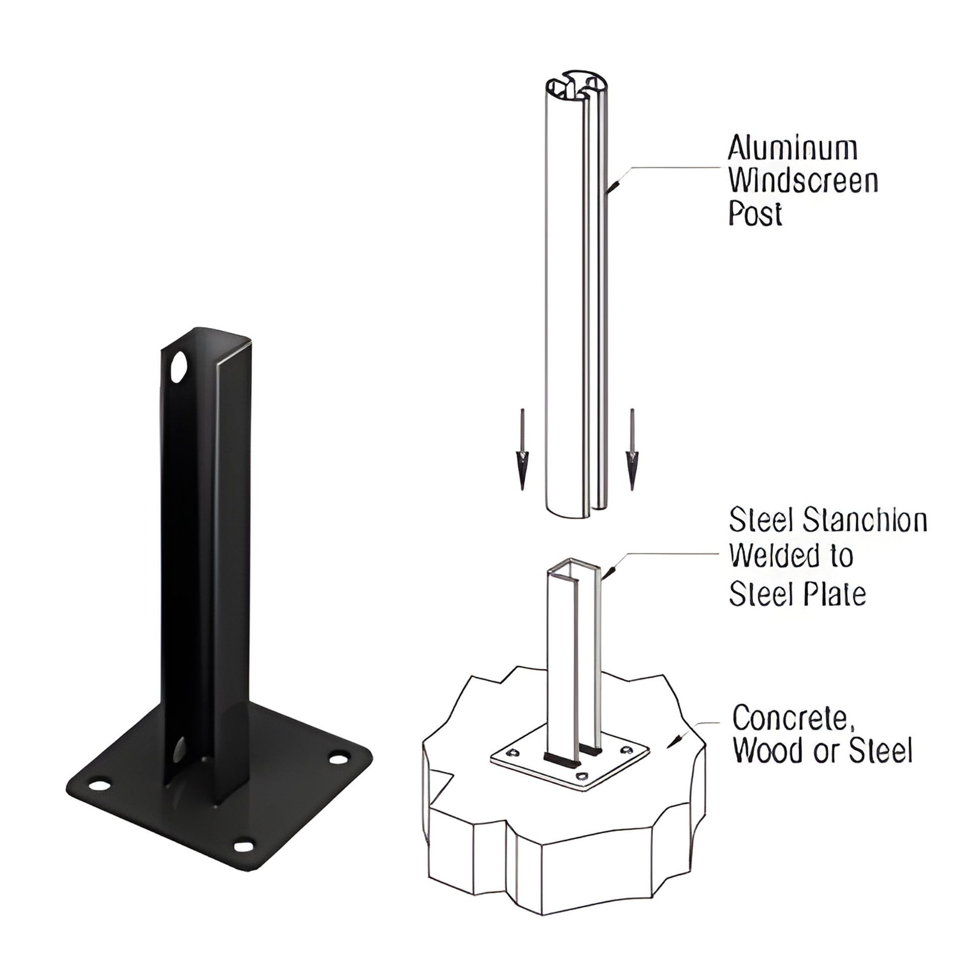 Matte black welded steel stanchion with 5" base plate, 1/2" mounting holes, for aluminum posts - SKU PSB5ABL