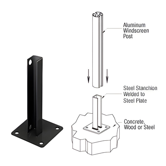 Matte black welded steel stanchion with 5" base plate, 1/2" mounting holes, for aluminum posts - SKU PSB5ABL