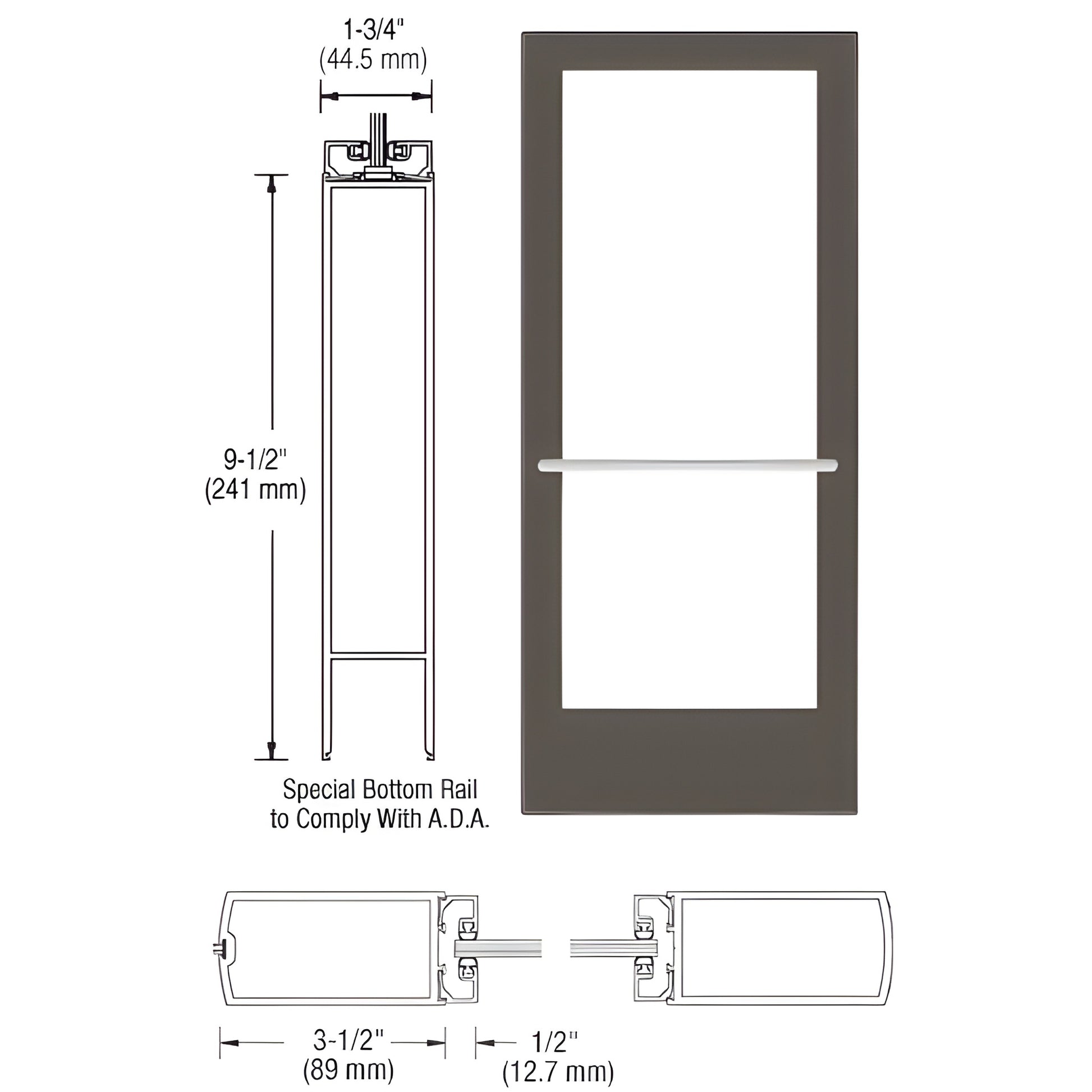 Black bronze anodized medium stile commercial entrance door with ADA 9-1/2" bottom rail and 1/4" tempered glass stop.