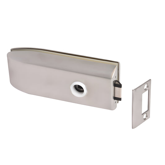 PTH312BS brushed stainless steel glass-mounted latch for 3/8 or 1/2 in tempered glass with strike plate, preassembled